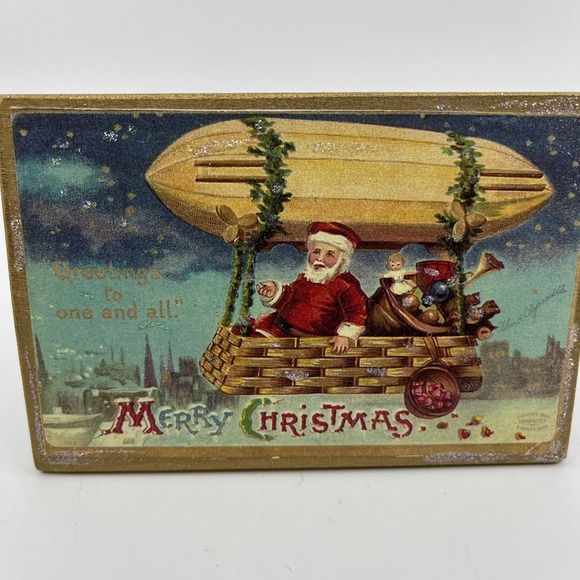Christmas Postcard 1900s Reprint Handcrafted Wooden Stand Decor Santa‎ Flying - Picture 1 of 8